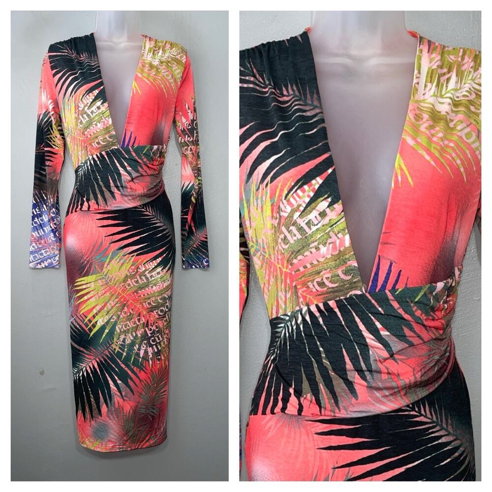 Kimcine Curve Tropical Dress Size Large Deep V Neck Sexy Stretch Artsy Vacation